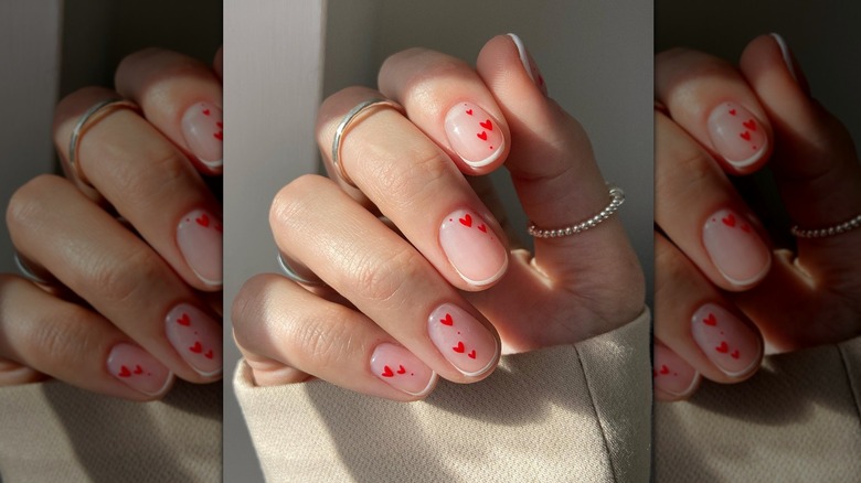 French manicure with hearts