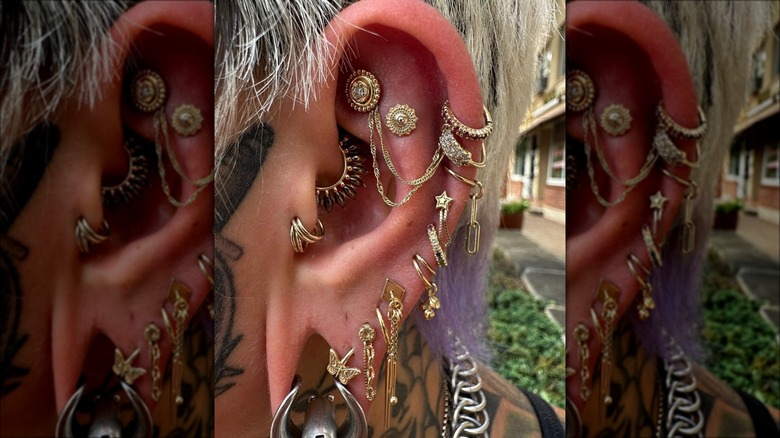 Woman with gold helix piercings