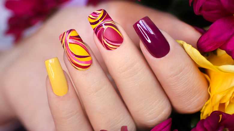 Yellow, pink, purple manicure