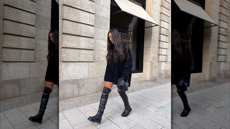 Knee-high boots with oversized sweater