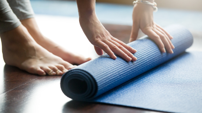 close up of rolling yoga mat