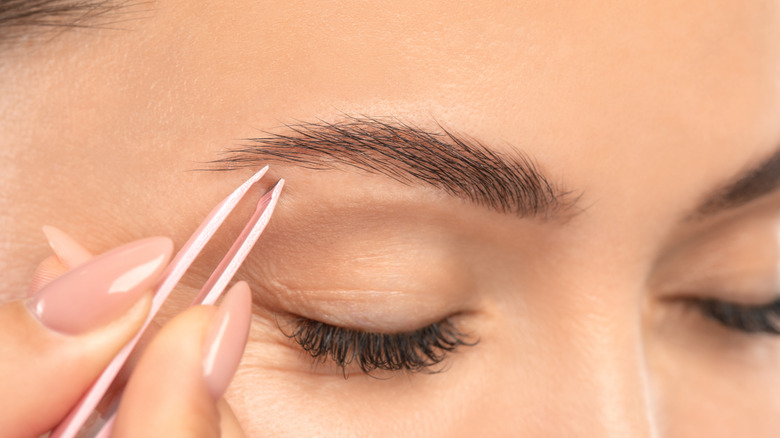 Woman plucking her eyebrows