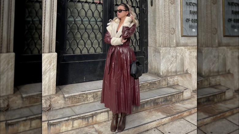 red leather coat with brown boots