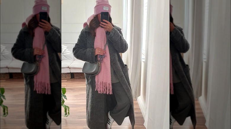 girl wearing gray out with pink accents