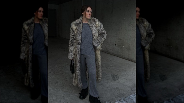 fluffy coat with gray sweatsuit