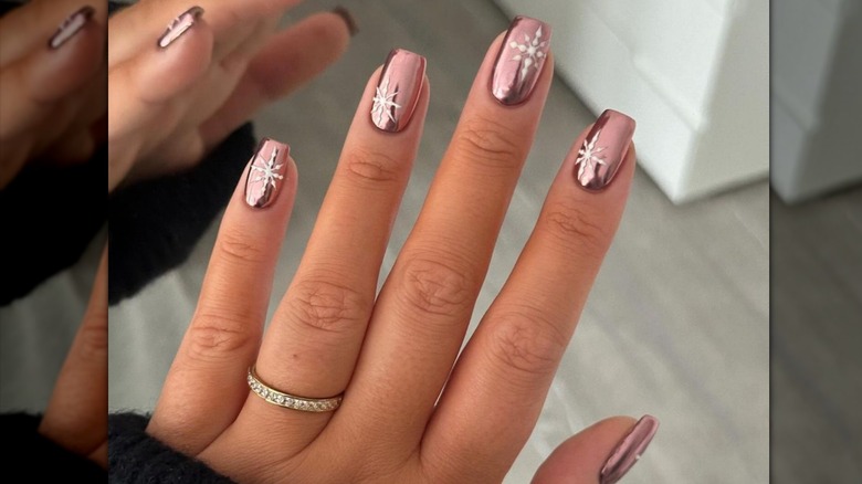 chrome pink snowflake nails