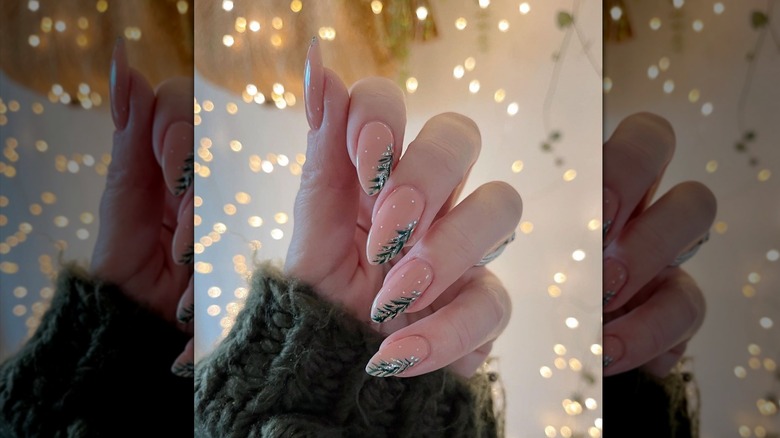 elegant greenery on nude nails