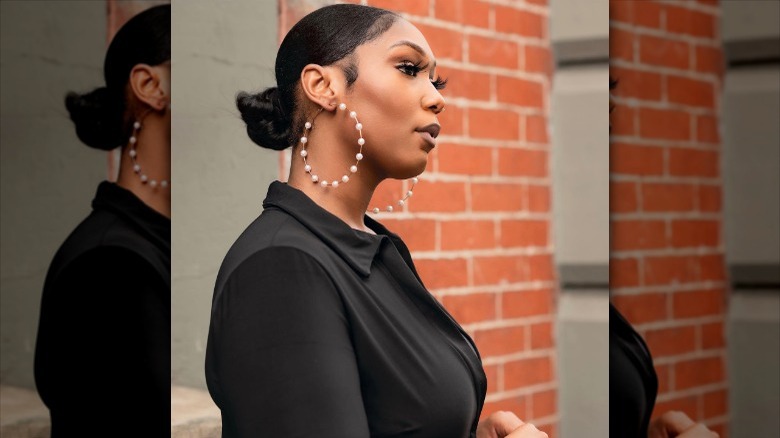 Black woman black top pearl Hoop earrings 