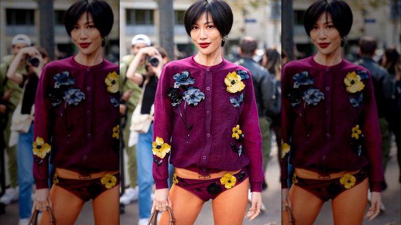 Molly Chiang wearing burgundy floral hot pants
