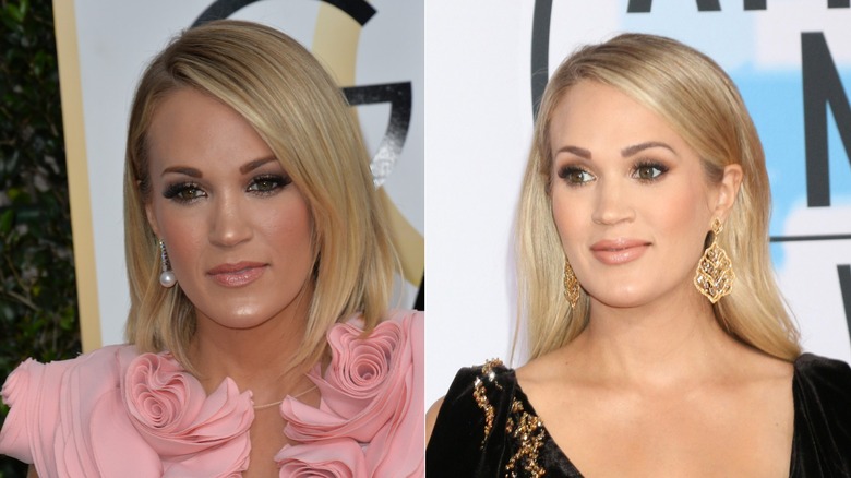 Carrie Underwood with a lob in 2017 and then with long hair in 2018, after the fall