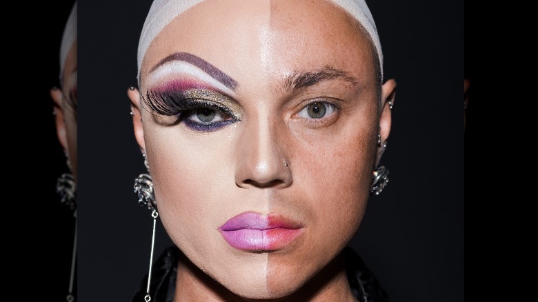 Split face featuring drag makeup on left side