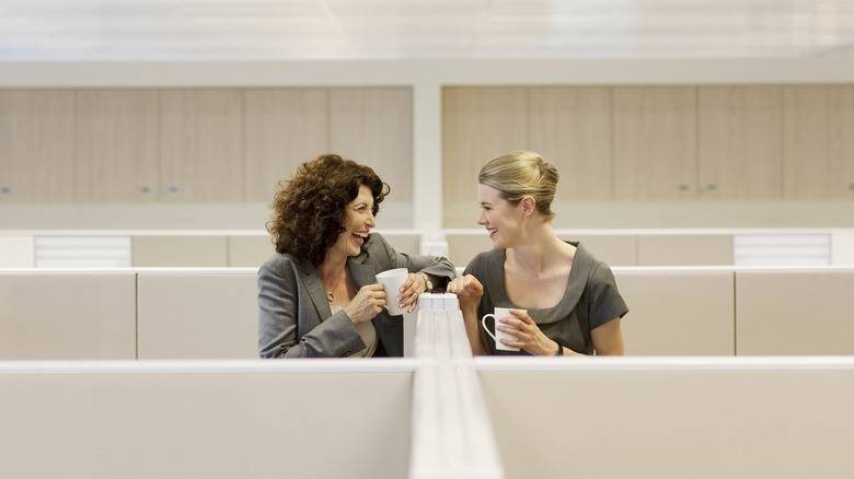 Women chatting between cubicles