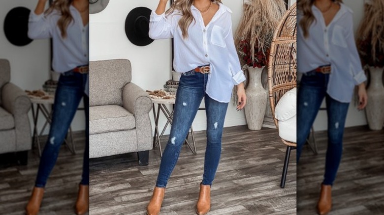 button up and jeans