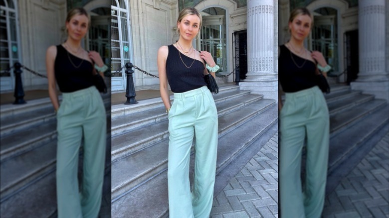 one shoulder top and trousers