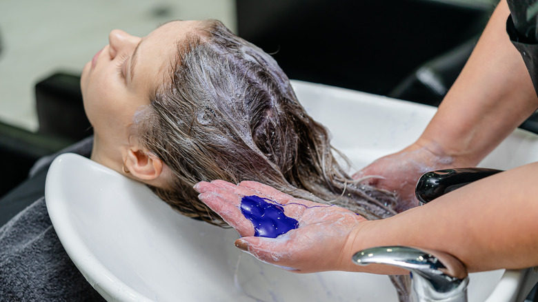 Stylist toning hair with purple shampoo