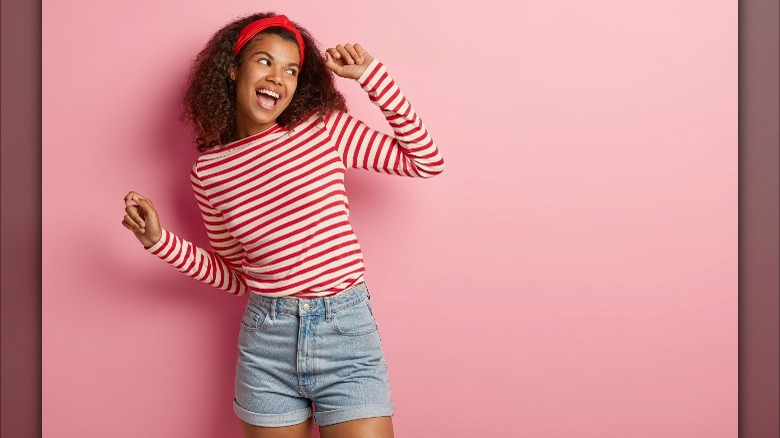 Striped red top with jean shorts