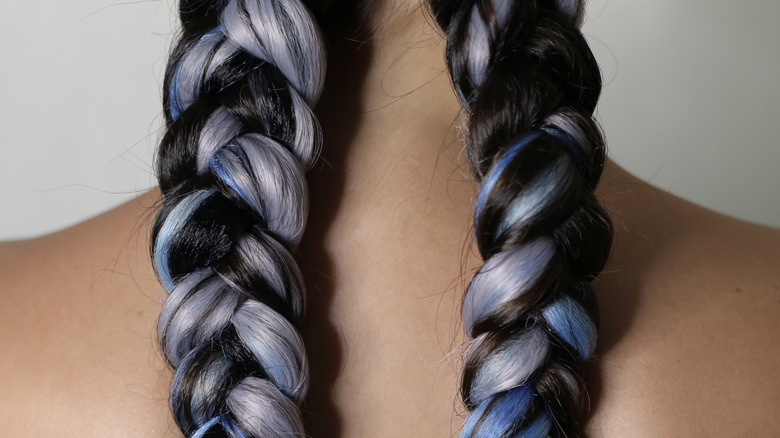 Two braids on black-silver hair