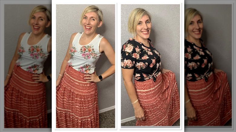 Side by side of woman mixing prints.