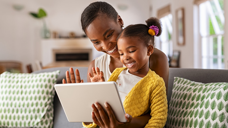 woman and child video chatting