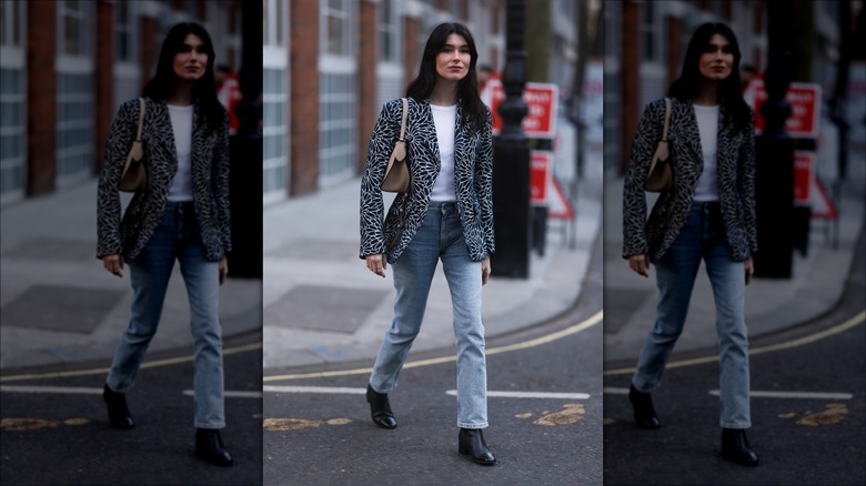 woman wearing printed blazer