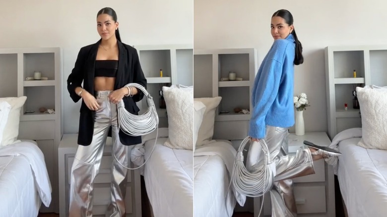 metallic silver pants blue sweater