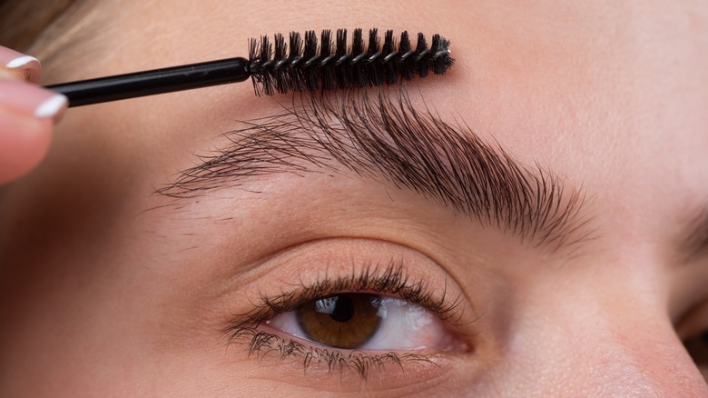 woman brushing eyebrows upwards