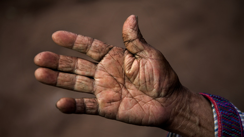 person holding up hand palm facing