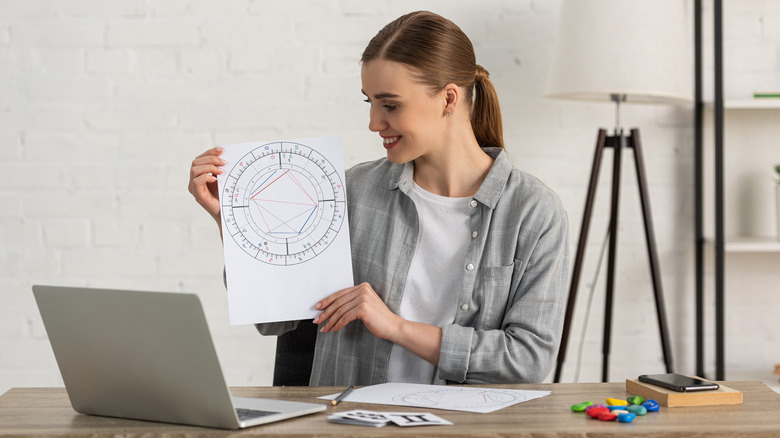 Woman holding a natal chart in an office