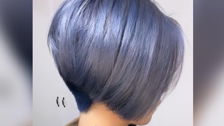 Short wedge haircut dyed blue