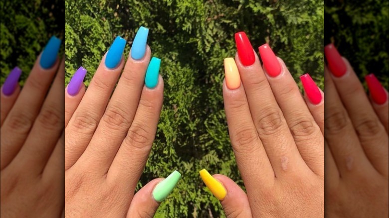 Bold and bright Skittles nails.