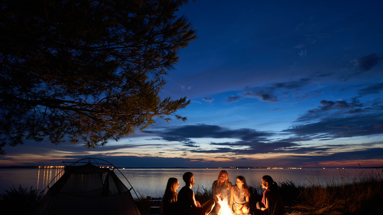 Friends sitting around bonfire 