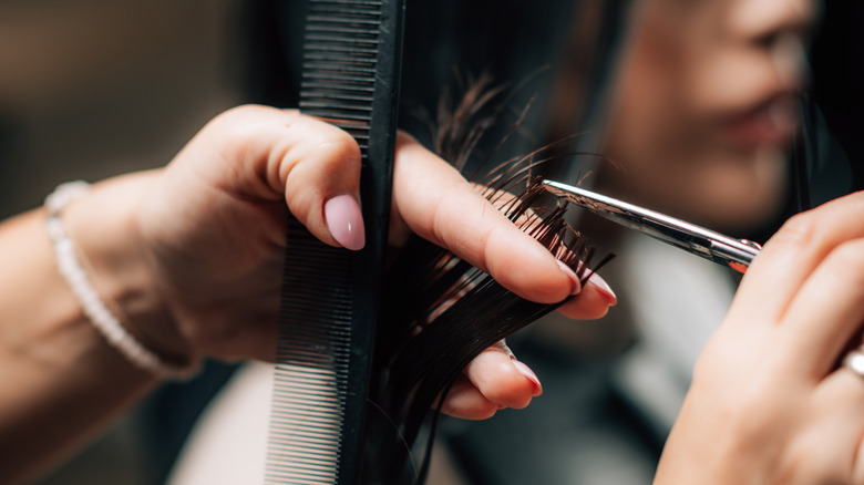 woman getting hair cut at a salon