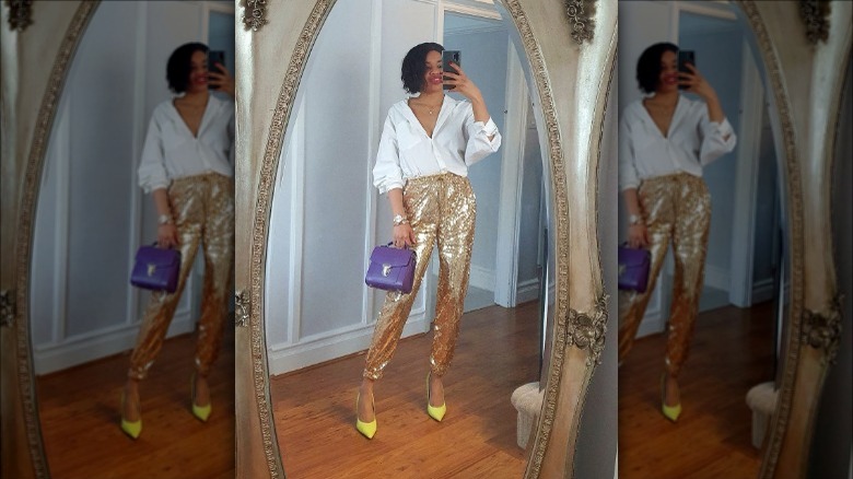 Lady wearing gold sequin joggers