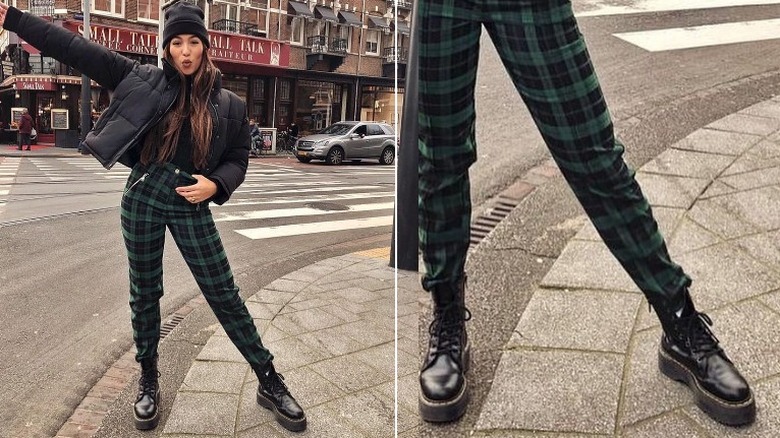 Woman models plaid pants and platform boots