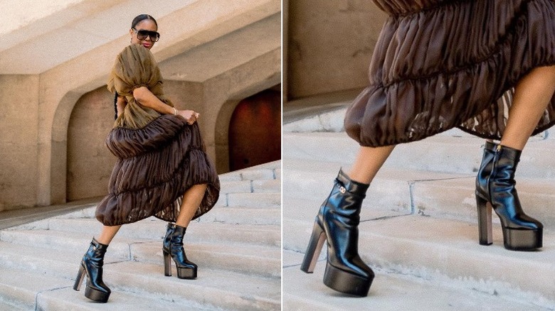 Woman models semi-formal gown and platform boots