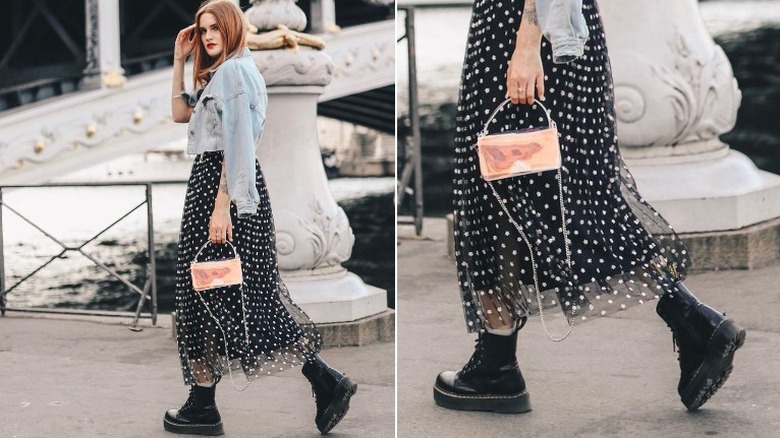 Woman models long dress and platform boots