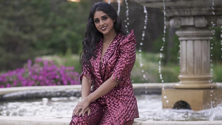 woman with pink sequined suit