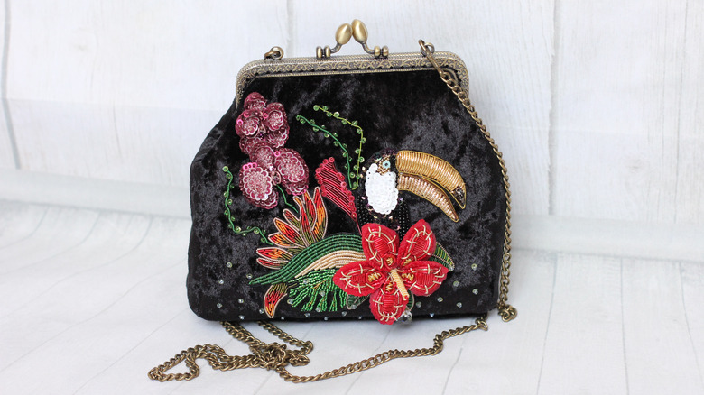 close up of embroidered sequined bag 