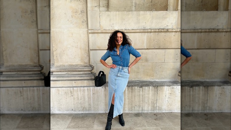 Girl wearing denim on denim outfit