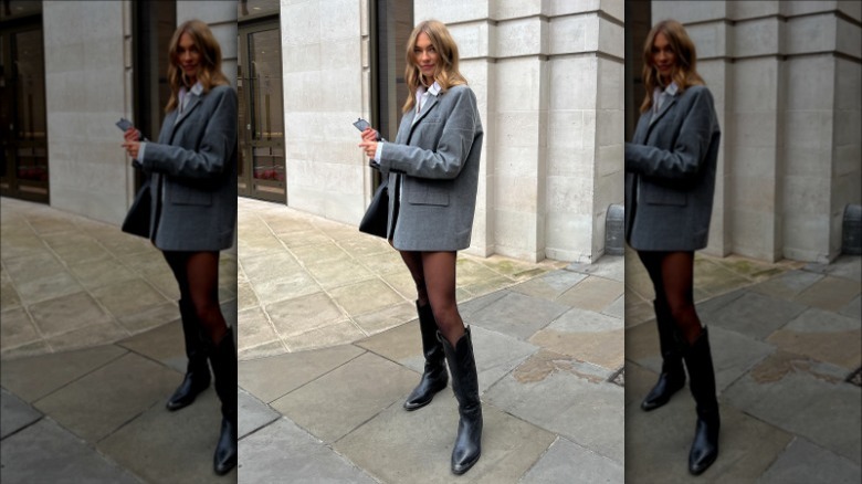 wearing cowboy boots with blazer