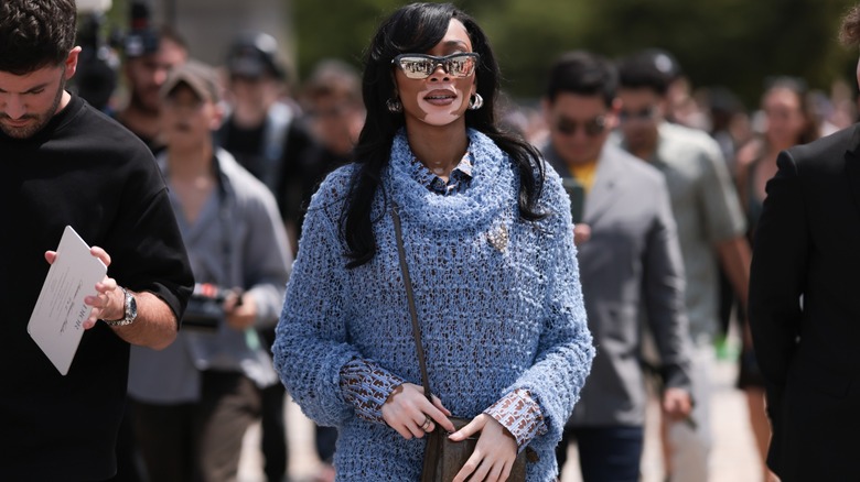 Winnie Harlow wearing crochet sweater