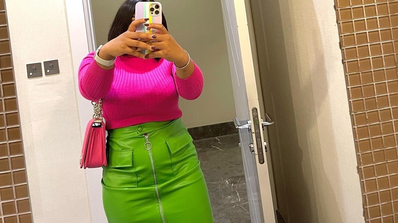 Pink top and green skirt