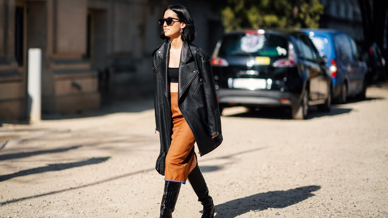 woman wearing leather jacket