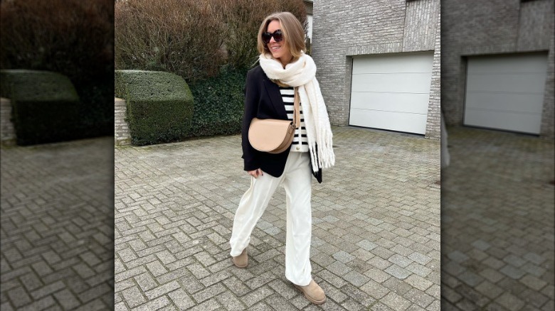 black and white striped shirt and cream scarf