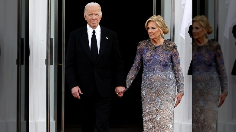 Jill Biden wearing Oscar de la Renta dress with Joe Biden