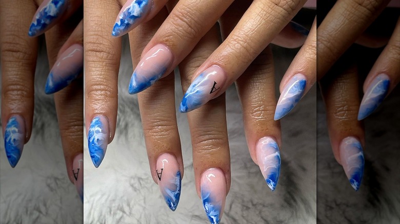 blue marble nails with initials