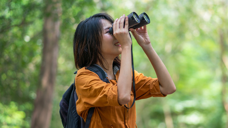 Woman using binoculars in forest