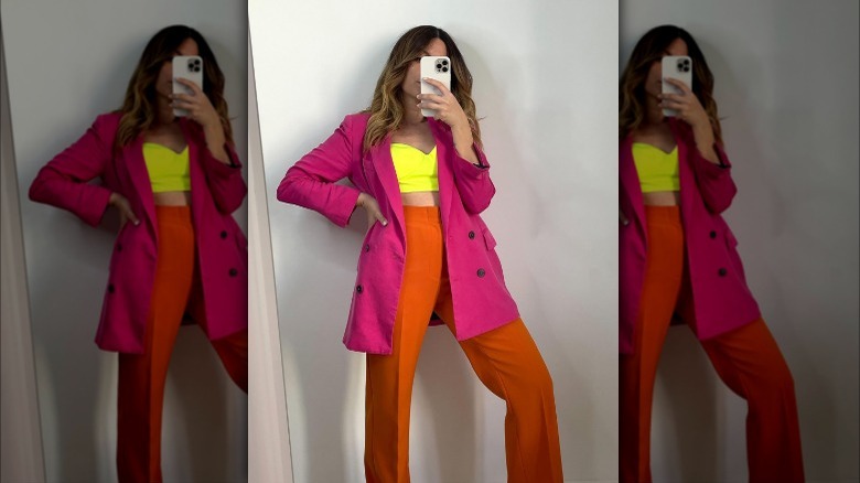 Woman in neon colorblock outfit