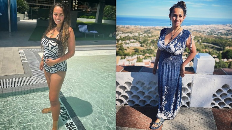 Jazz Jennings posing in black-and-white bathing suit on the left, and Jazz Jennings posing in a blue-and-white dress on the right