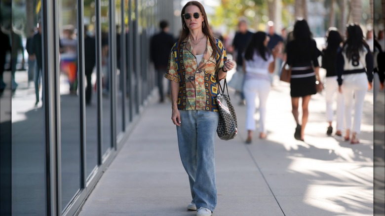 Colorful patterned. shirt soft jeans